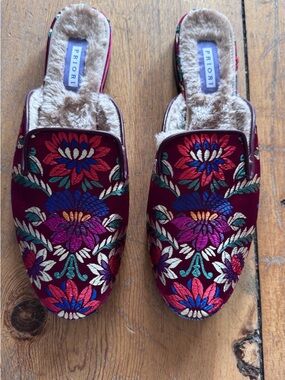 PRIORI Floral Embroidered Faux-Fur Mules